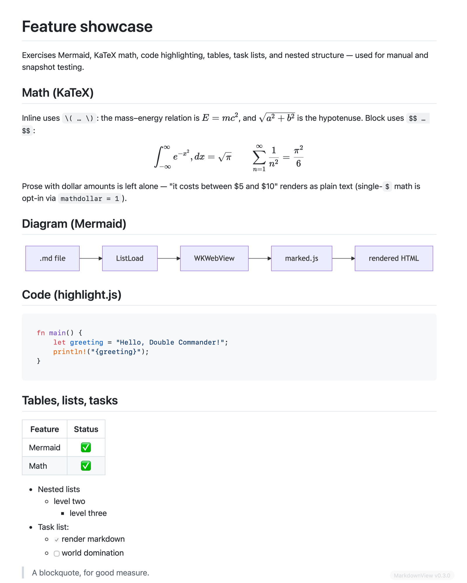 A Markdown file rendered by the MarkdownView plugin in Double Commander on macOS — showing KaTeX math, a Mermaid flowchart, syntax-highlighted code, and tables